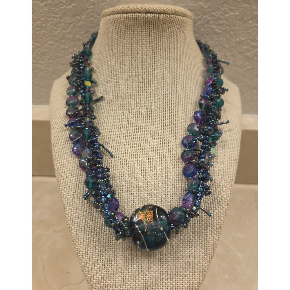 Vintage Sterling Silver Murano Glass 3ā Strand Statement Necklace 18.5-19.5"